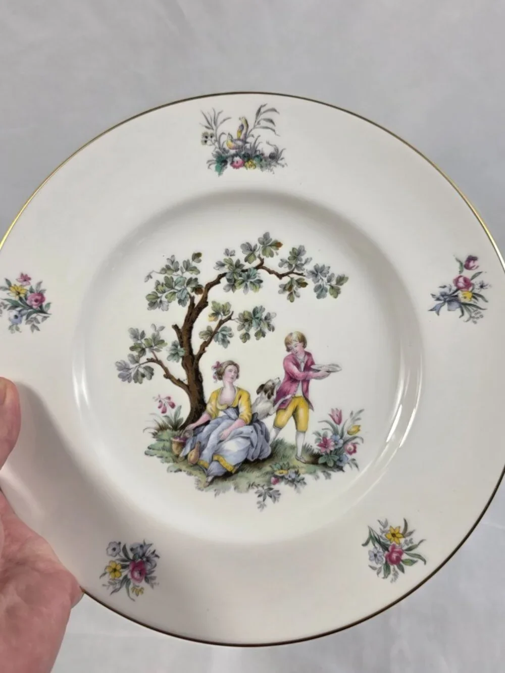TWO Royal Worcester Watteau Luncheon Plates People in Center with Flowers & Tree